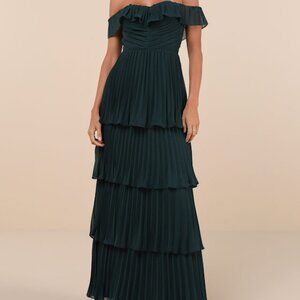 Emerald Pleated off-the-shoulder gown, never worn, new with tags